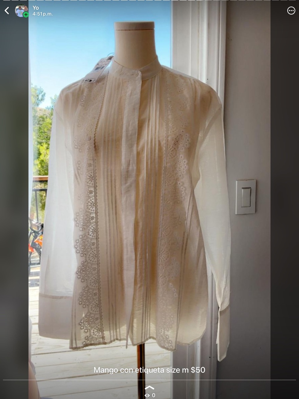 Mango Cream Lace-Trim Pintuck Blouse